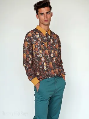 Men's 70s Floral Knit Polo | Vintage Mustard Yellow Polo Shirt | Retro Hippie Style Knitwear
