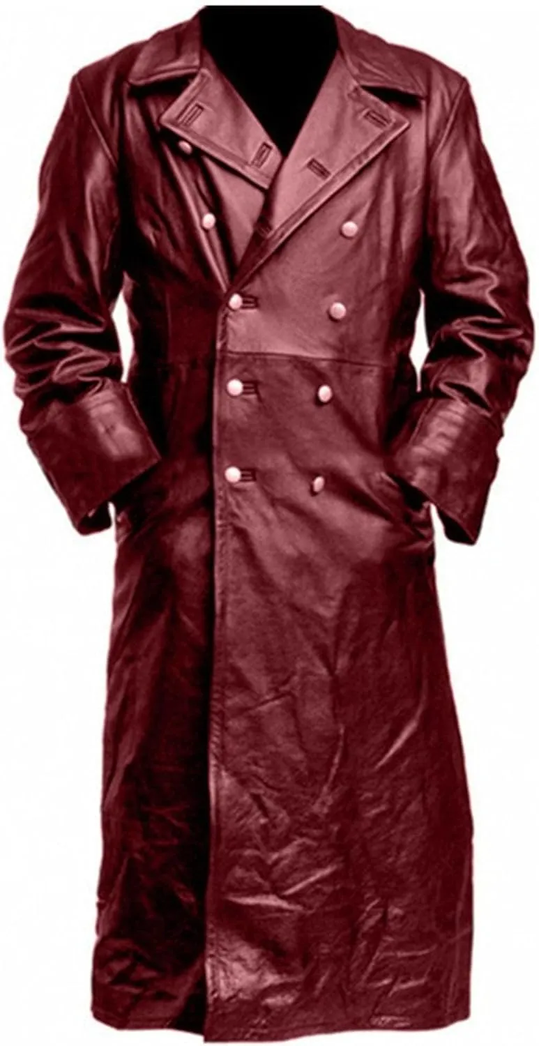Mens Vintage Leather Jacket Long Trench Coat Full Length Fashion Faux Leather Overcoat Open Front Cardigan Jackets
