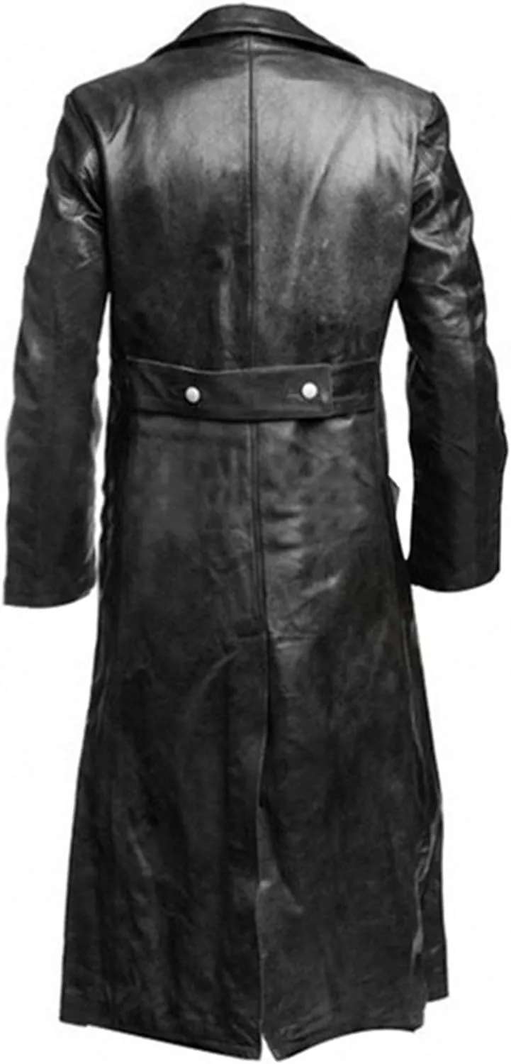 Mens Vintage Leather Jacket Long Trench Coat Full Length Fashion Faux Leather Overcoat Open Front Cardigan Jackets
