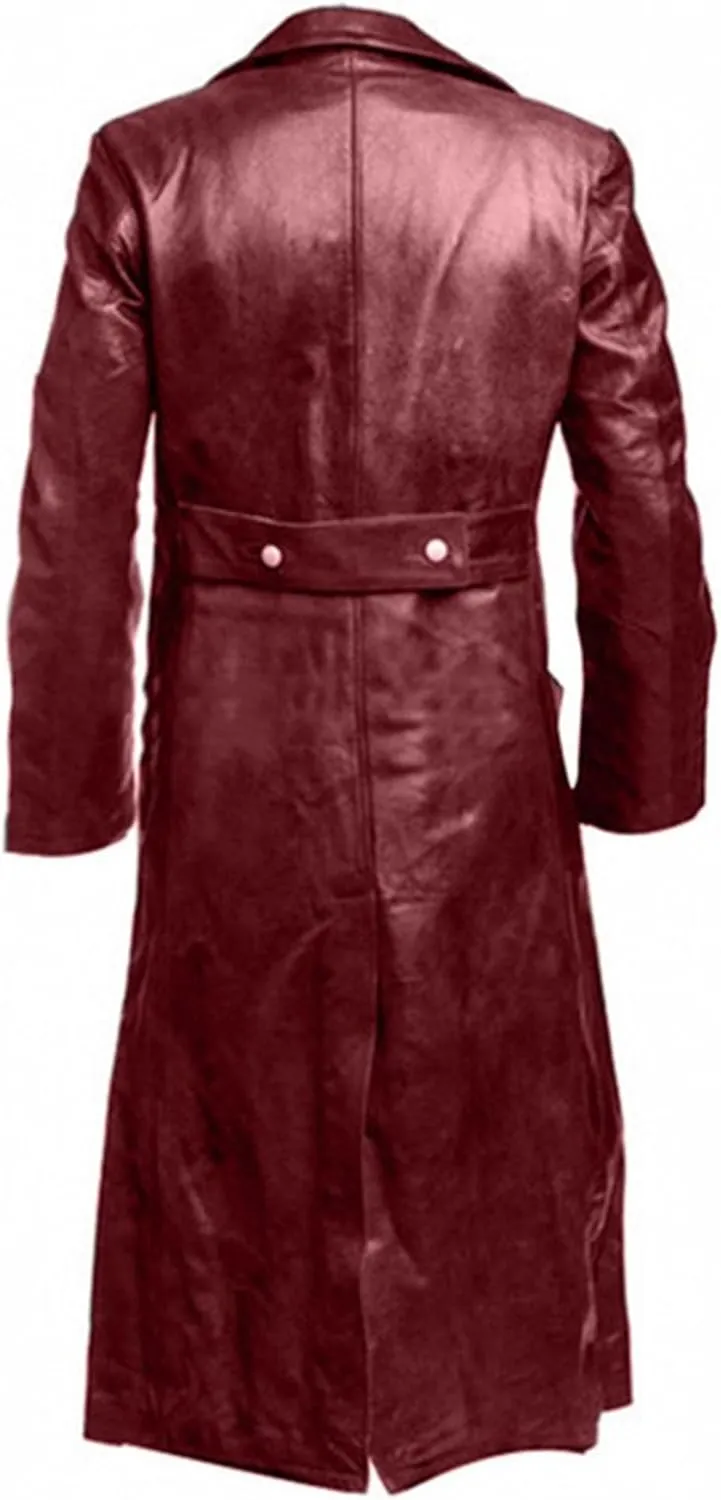 Mens Vintage Leather Jacket Long Trench Coat Full Length Fashion Faux Leather Overcoat Open Front Cardigan Jackets