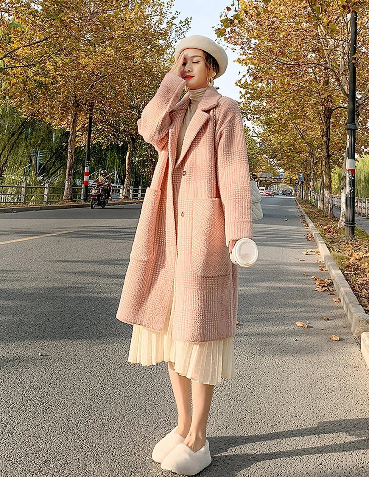 Pink Big Pocket Single Breasted Wool Blend Coat