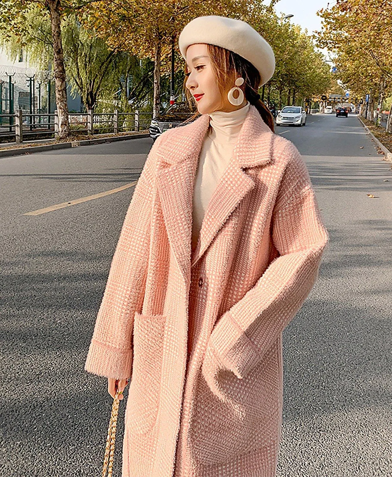 Pink Big Pocket Single Breasted Wool Blend Coat