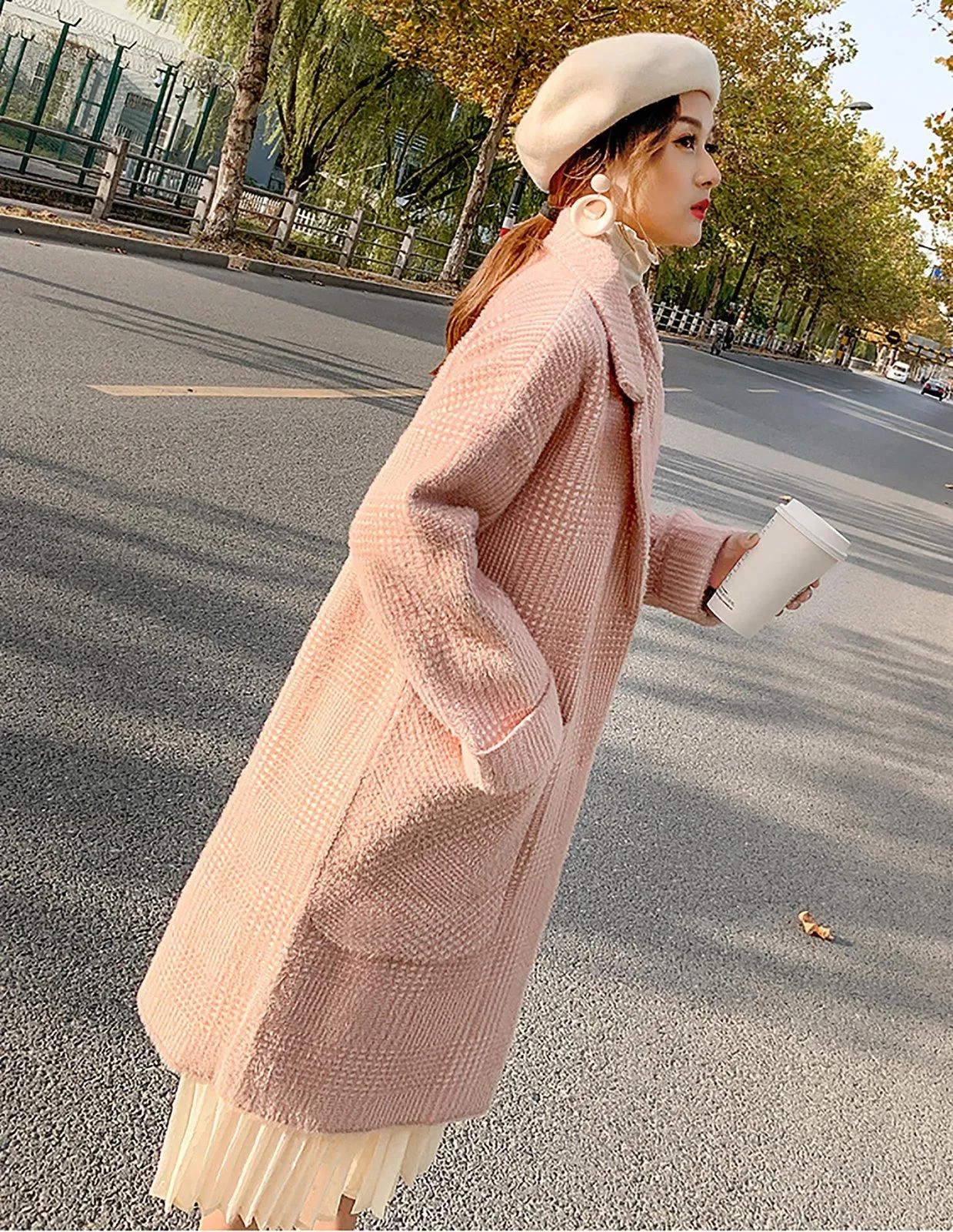 Pink Big Pocket Single Breasted Wool Blend Coat