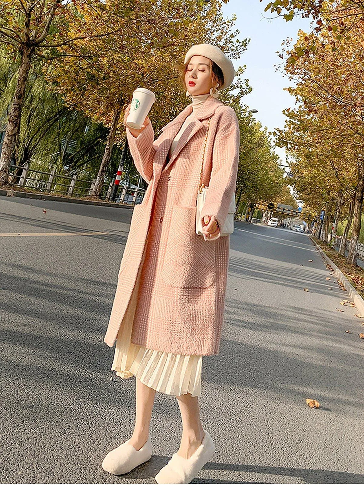 Pink Big Pocket Single Breasted Wool Blend Coat