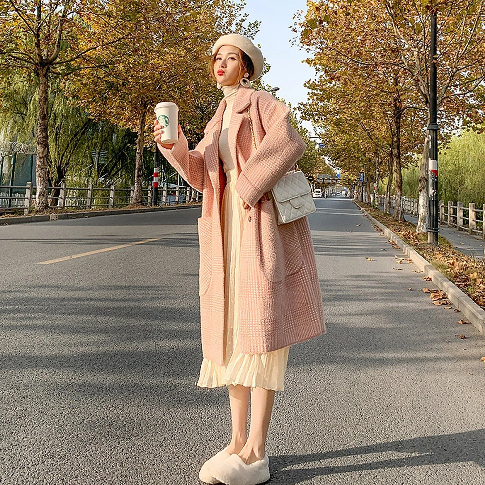 Pink Big Pocket Single Breasted Wool Blend Coat