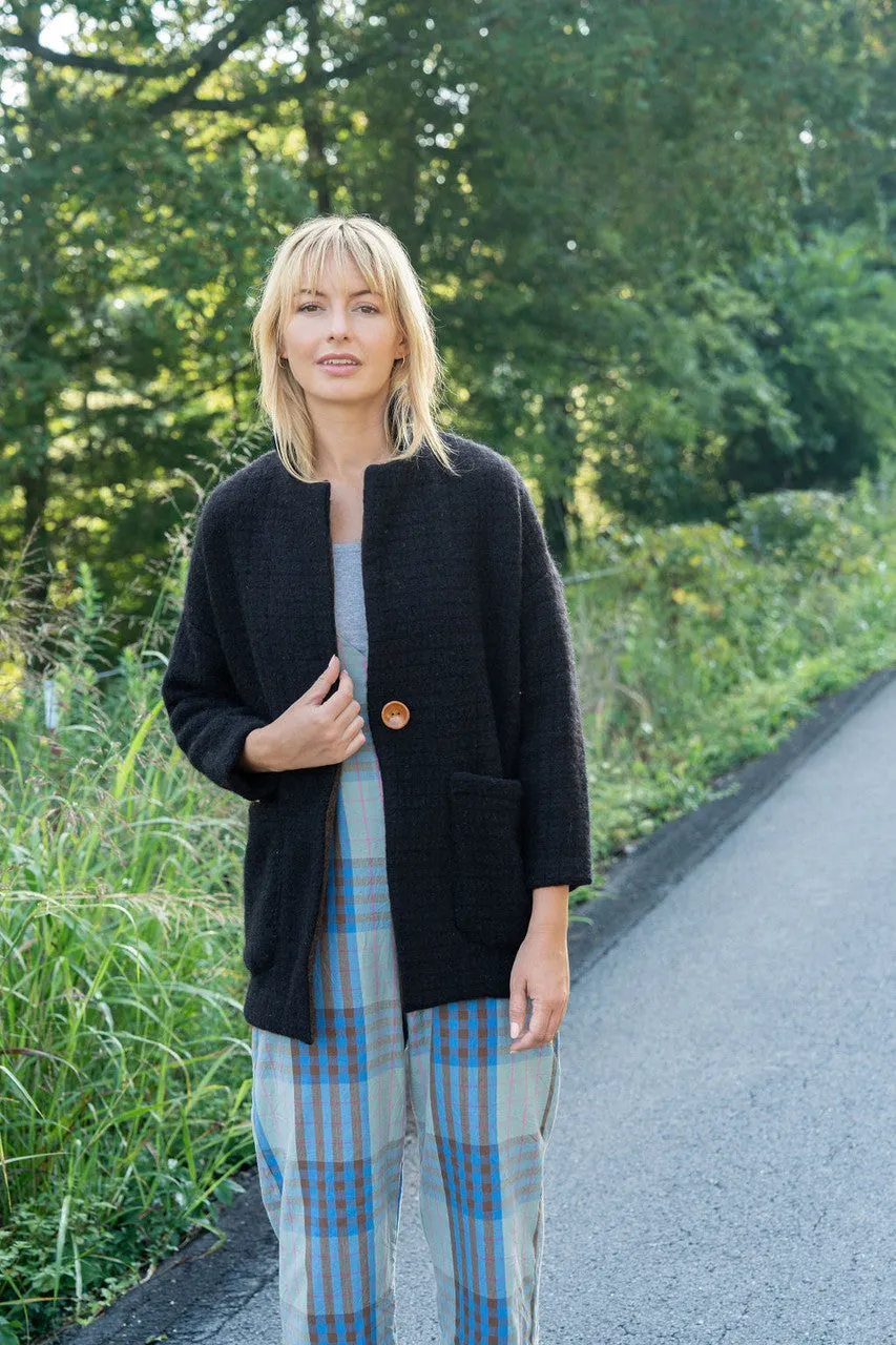 Portuguese Wool Pieper Coat in Black and Brown Accents - M Left
