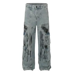 Smudged Wash Denim Cargo Jeans
