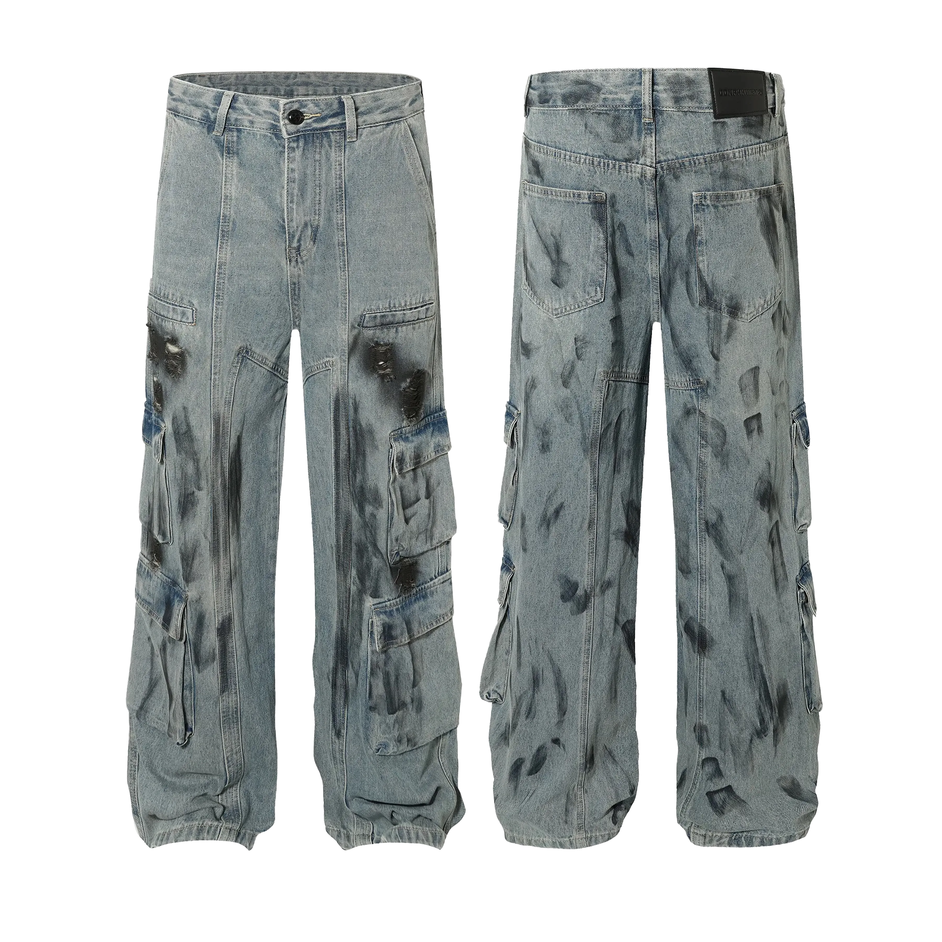 Smudged Wash Denim Cargo Jeans