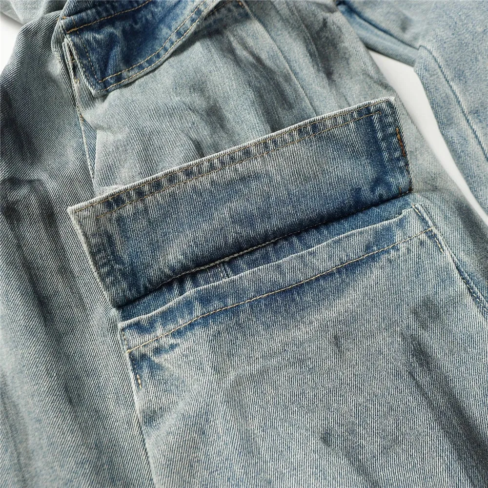 Smudged Wash Denim Cargo Jeans
