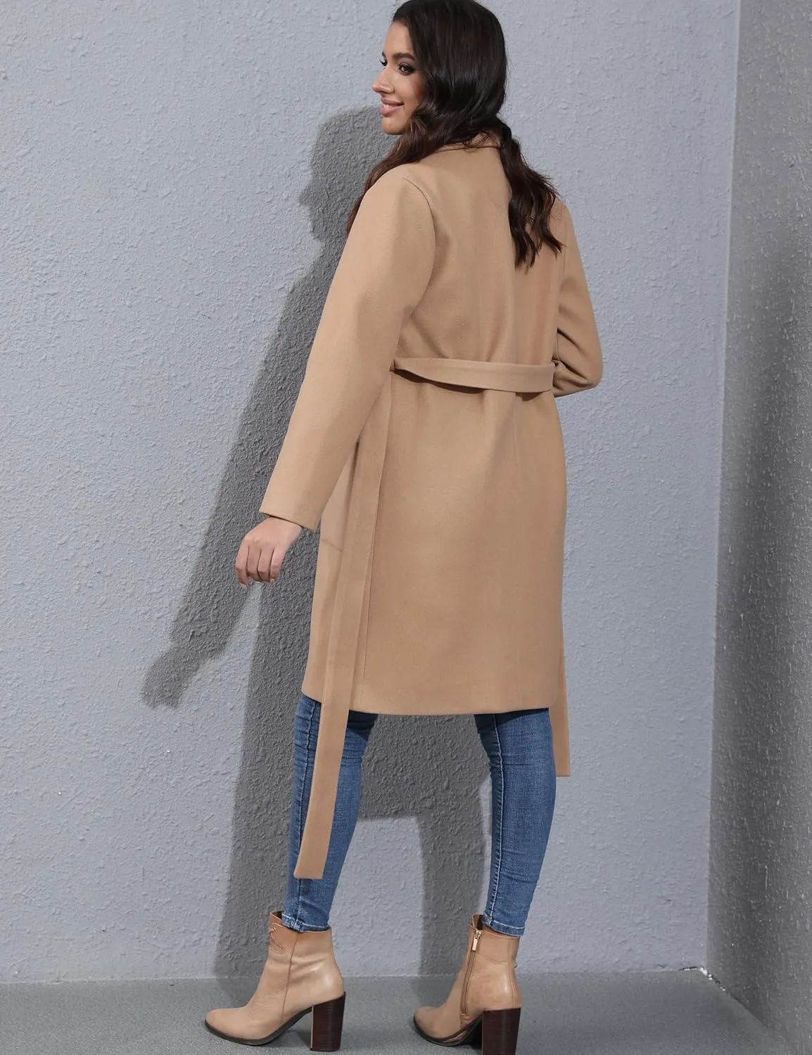 Springrain Womens Winter Wool Pea Coat Warm Notched Collar Double Breasted Belted Coat Long Jacket Outerwear