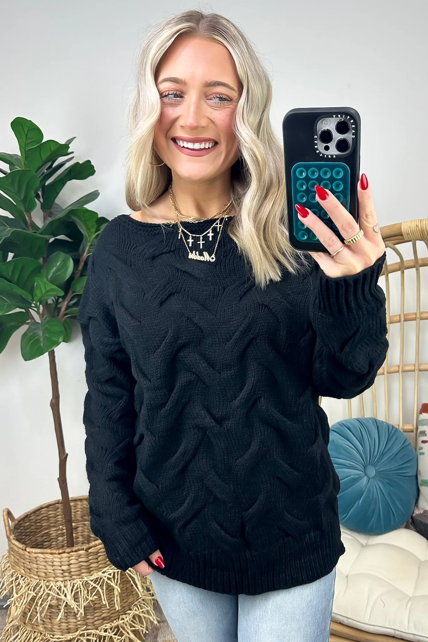 Suriel Textured Cable Knit Boat Neck Sweater