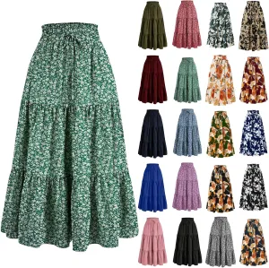 Tiered Floral Maxi Skirts for Women Trendy Elastic High Waisted Flowy Long Skirt Summer Boho Beach A Line Skirt