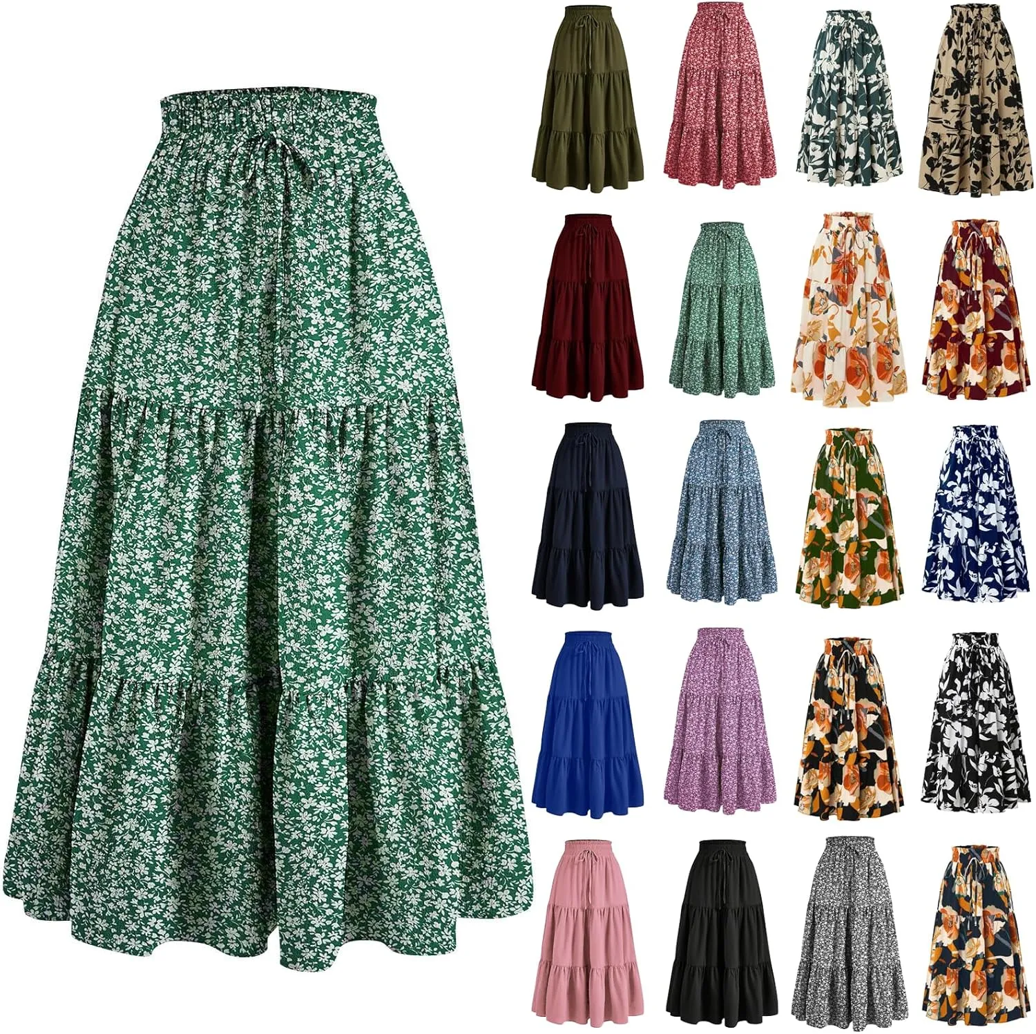Tiered Floral Maxi Skirts for Women Trendy Elastic High Waisted Flowy Long Skirt Summer Boho Beach A Line Skirt