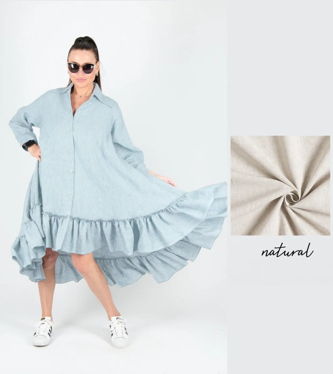VANESA Blue Linen Summer Shirt Dress