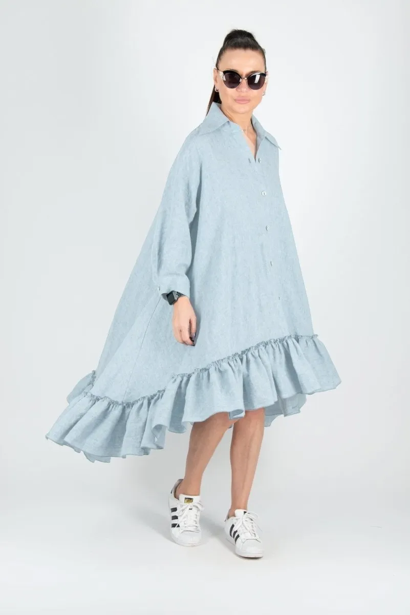 VANESA Blue Linen Summer Shirt Dress