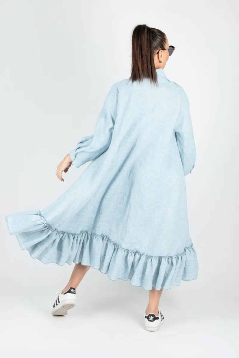 VANESA Blue Linen Summer Shirt Dress