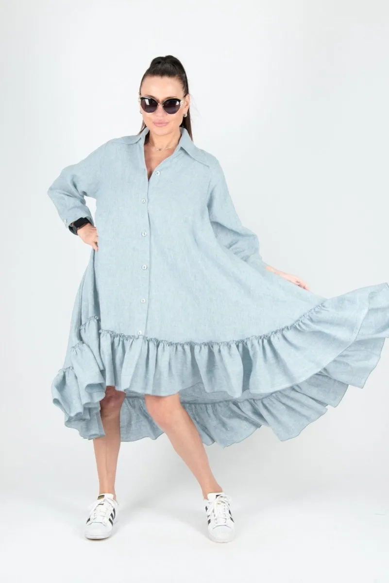 VANESA Blue Linen Summer Shirt Dress