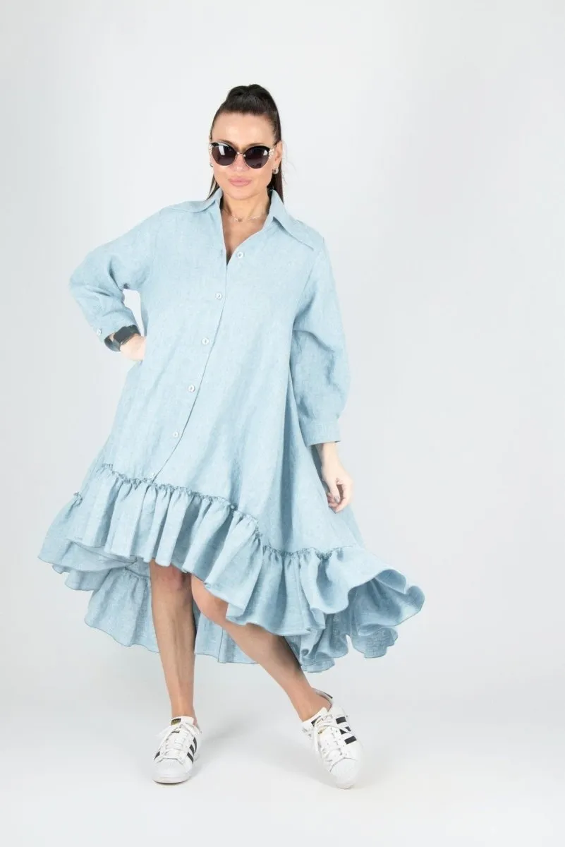 VANESA Blue Linen Summer Shirt Dress