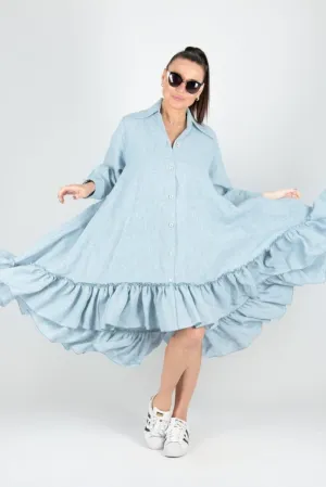 VANESA Blue Linen Summer Shirt Dress