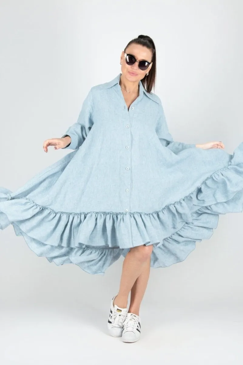 VANESA Blue Linen Summer Shirt Dress