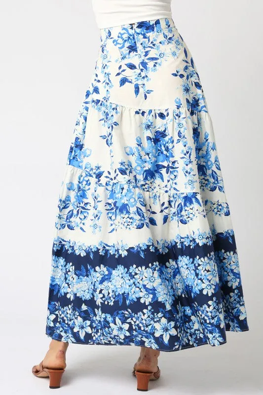 Waitlist 3/20 ♥ Donna High Waist Tie Floral Print Maxi Skirt Blue
