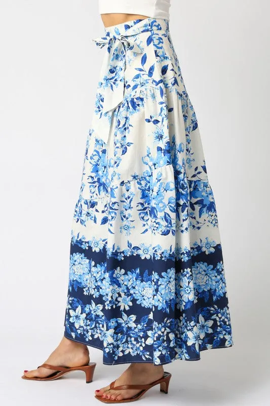 Waitlist 3/20 ♥ Donna High Waist Tie Floral Print Maxi Skirt Blue