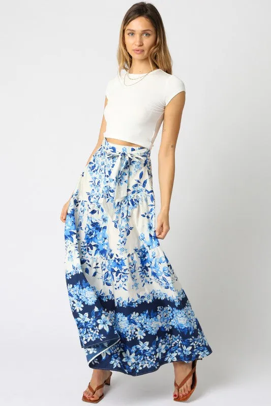 Waitlist 3/20 ♥ Donna High Waist Tie Floral Print Maxi Skirt Blue