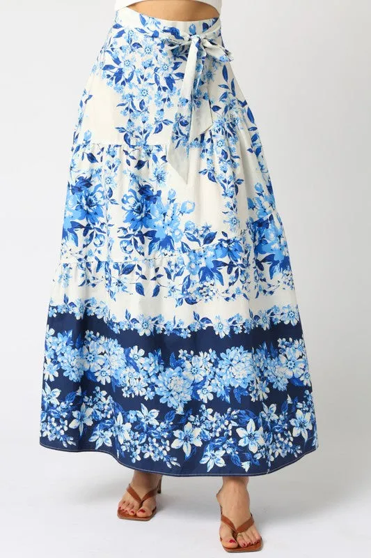 Waitlist 3/20 ♥ Donna High Waist Tie Floral Print Maxi Skirt Blue