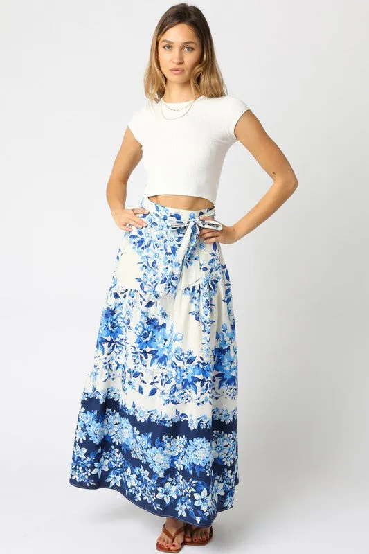 Waitlist 3/20 ♥ Donna High Waist Tie Floral Print Maxi Skirt Blue