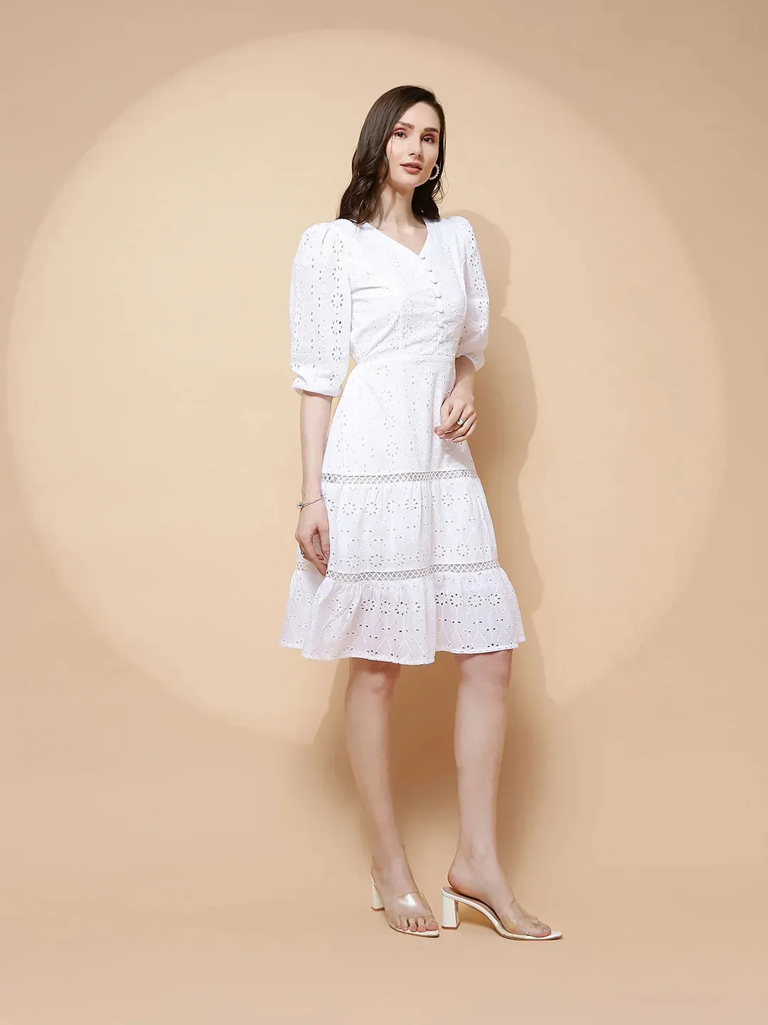 White Cotton Schiffli Flared Dress For Women