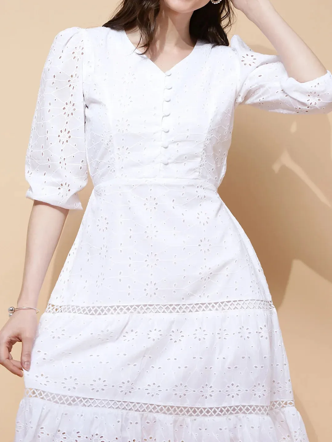 White Cotton Schiffli Flared Dress For Women