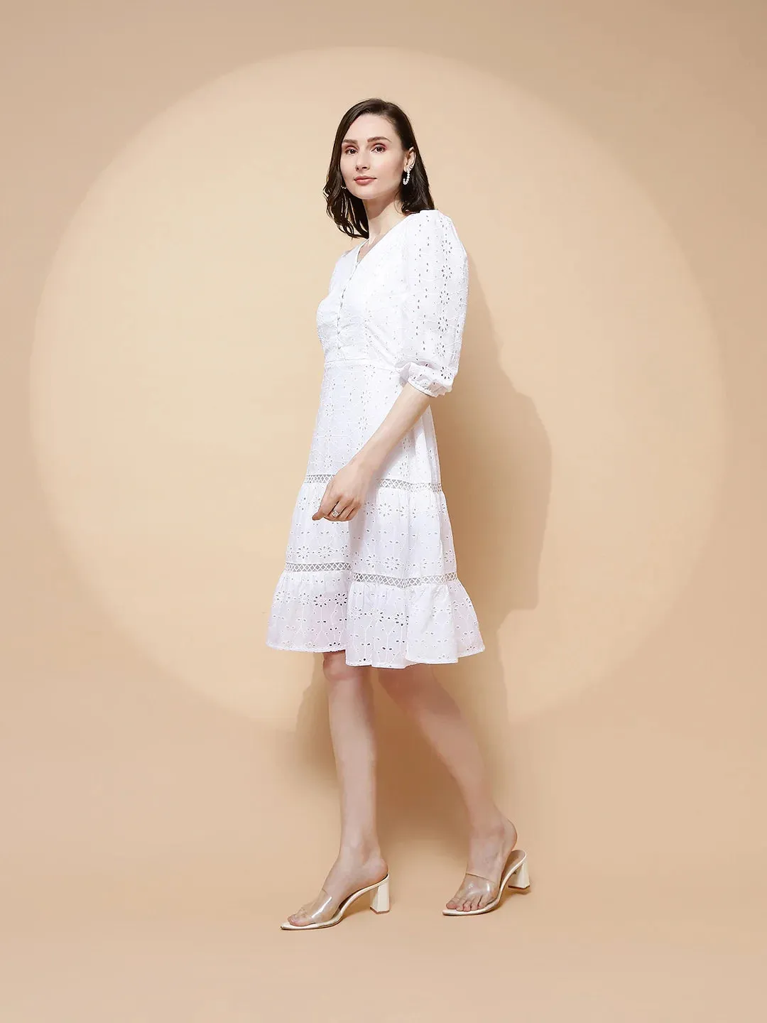 White Cotton Schiffli Flared Dress For Women