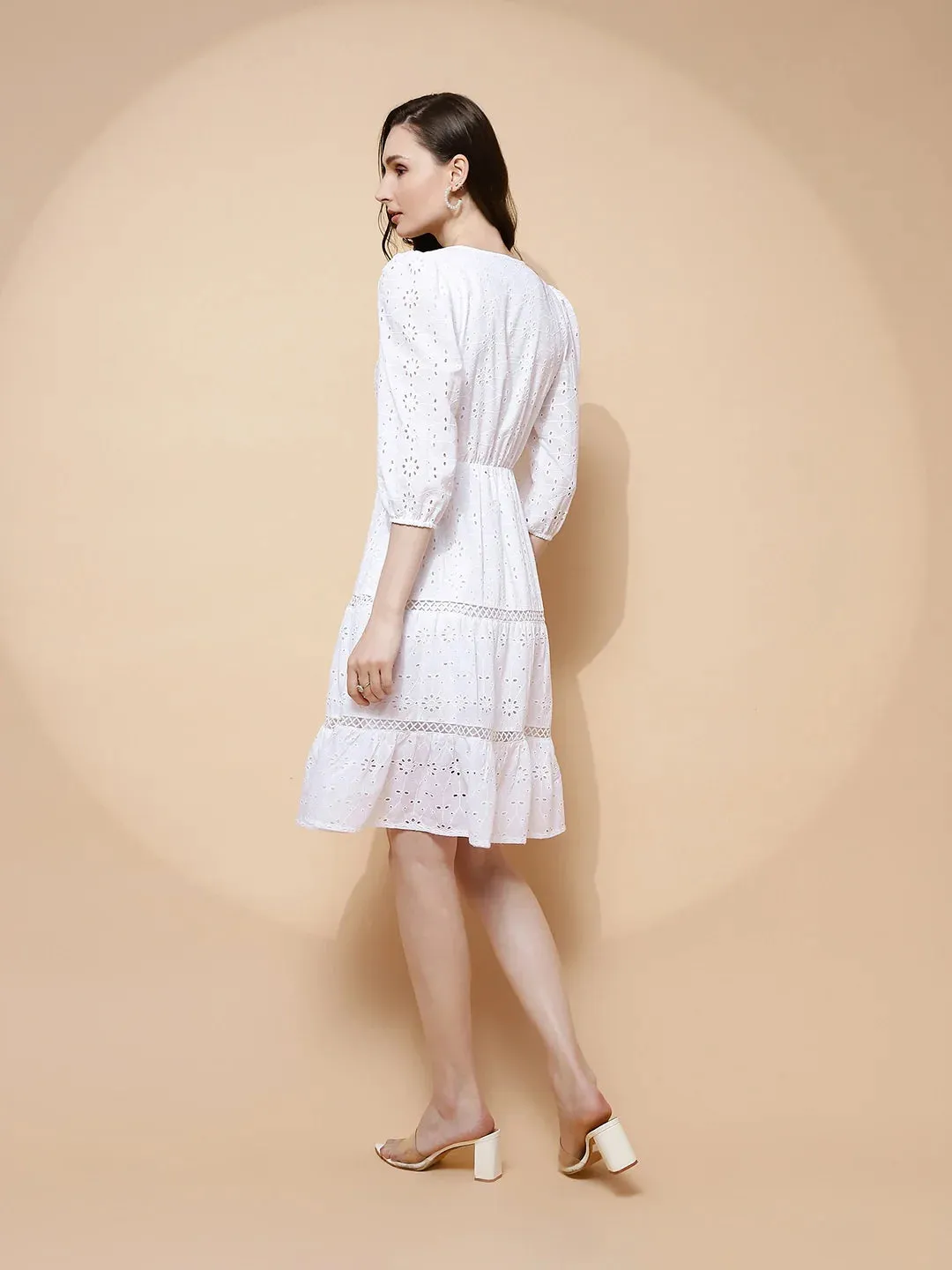 White Cotton Schiffli Flared Dress For Women