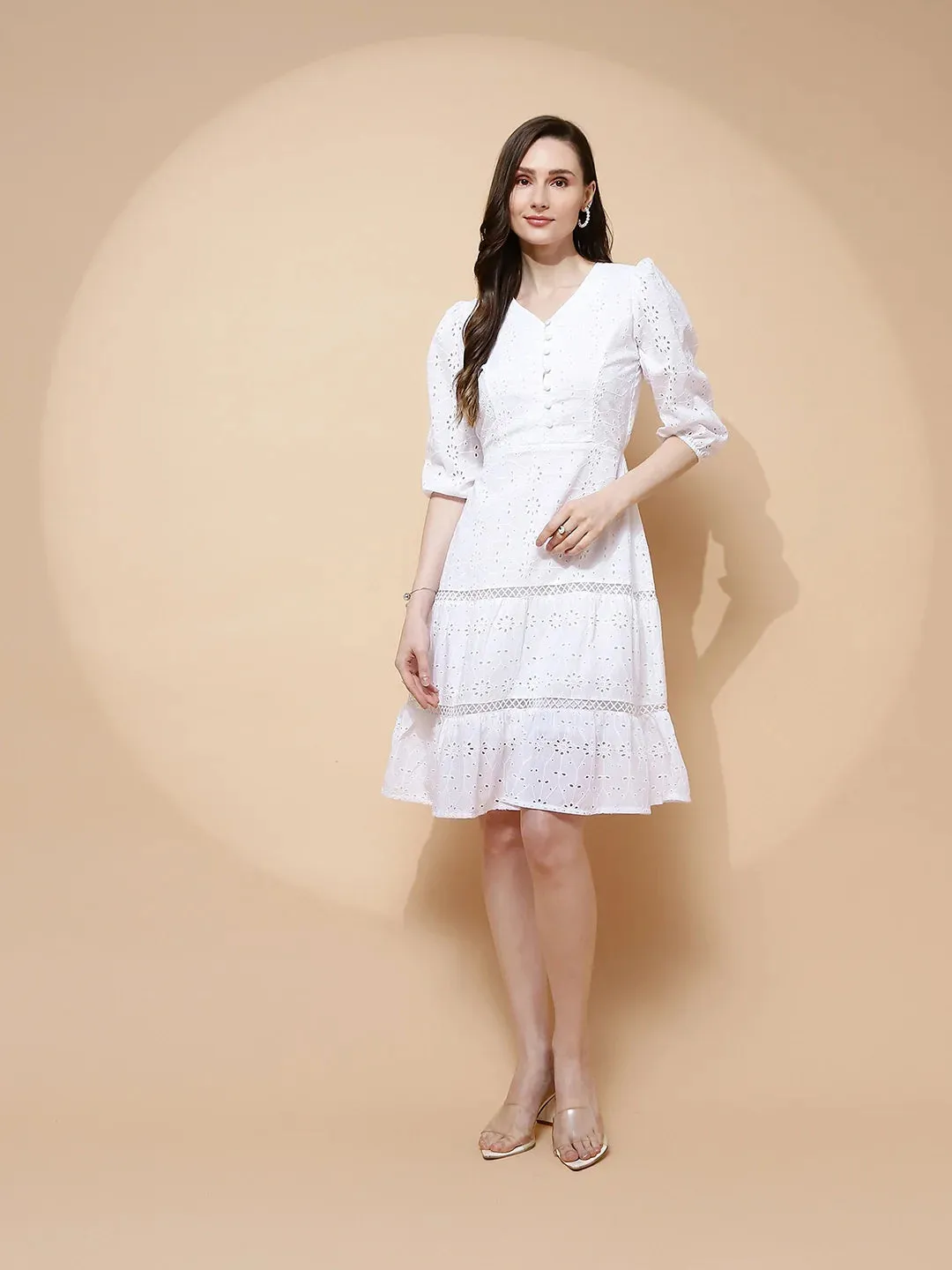 White Cotton Schiffli Flared Dress For Women