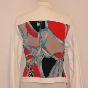 White Denim Jacket with Turquoise and Red Scarf