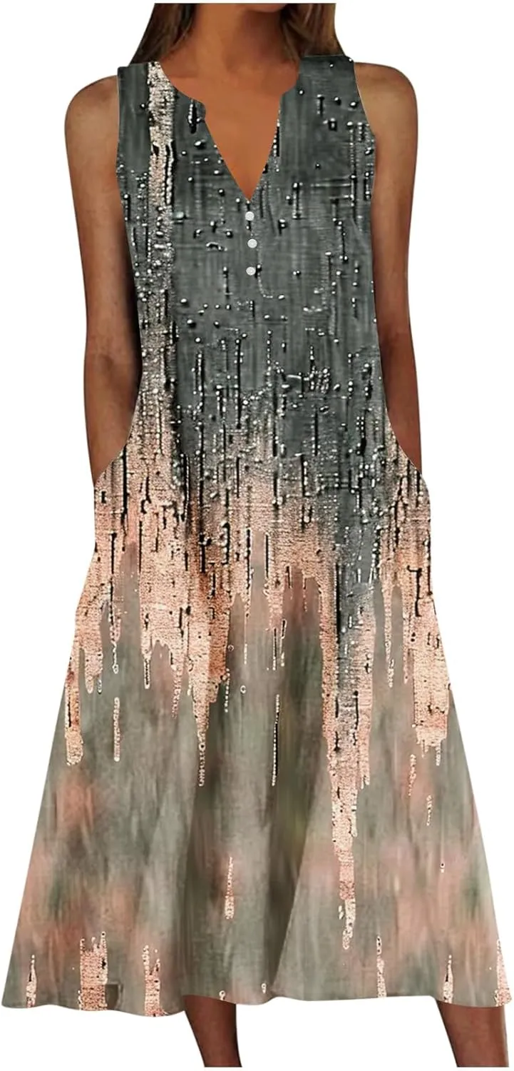 Women Boho Floral Print Midi Sun Dresses Casual Sleeveless Loose Flowy Dress Elegant Summer Beach Sundress with Pocket
