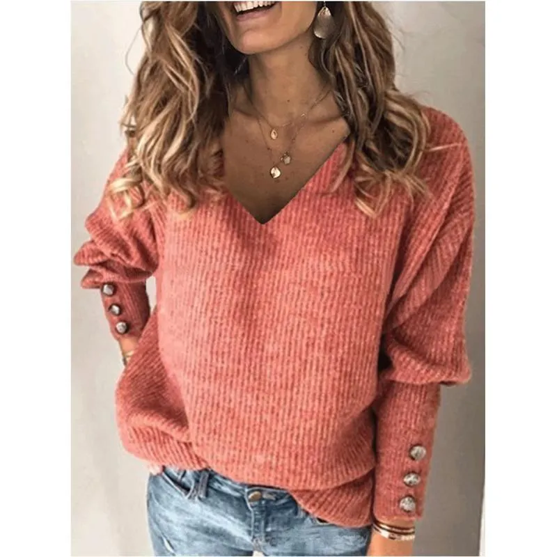Women fashion knit long sleeve pullover v neck sweater