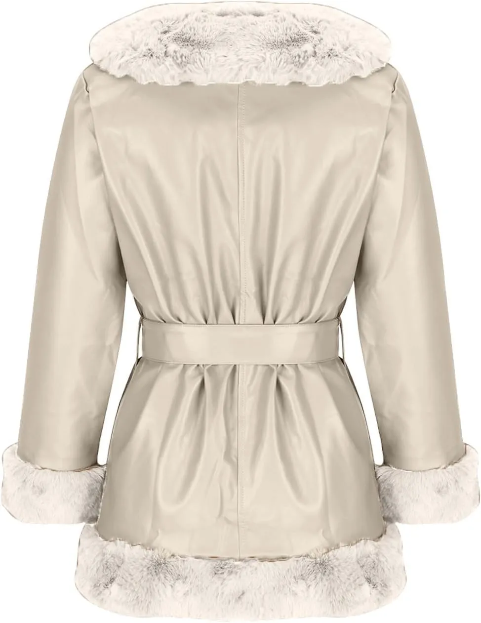 Women Plush Trim Leather Coat Fall Winter Open Front Trench Coats Slim Lace Up Jacket Dressy Casual Overcoats