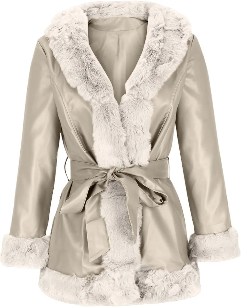 Women Plush Trim Leather Coat Fall Winter Open Front Trench Coats Slim Lace Up Jacket Dressy Casual Overcoats
