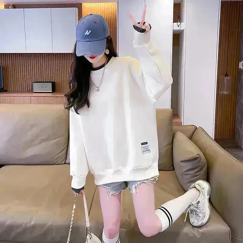 Women Round-neck With Fleece Lining Thick Fake Two Pieces Long Sleeve Loose Hoodie Sweatshirt