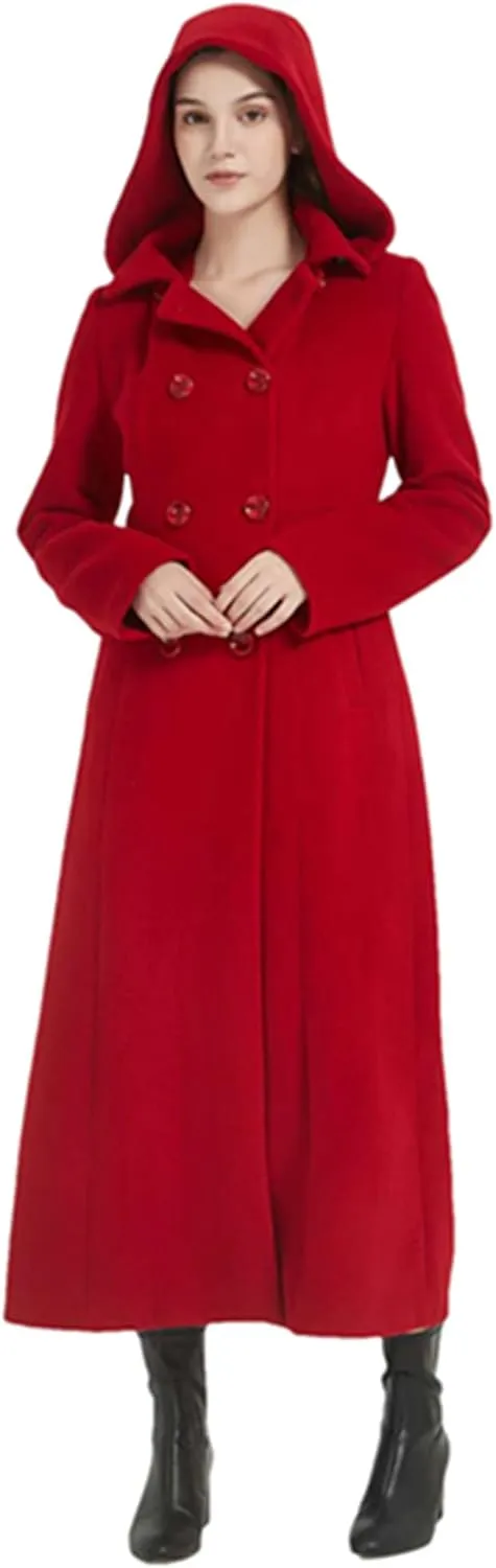 Women's Double Breasted Maxi Long Winter Wool Trench Coat Hooded Thick Warm Overcoats
