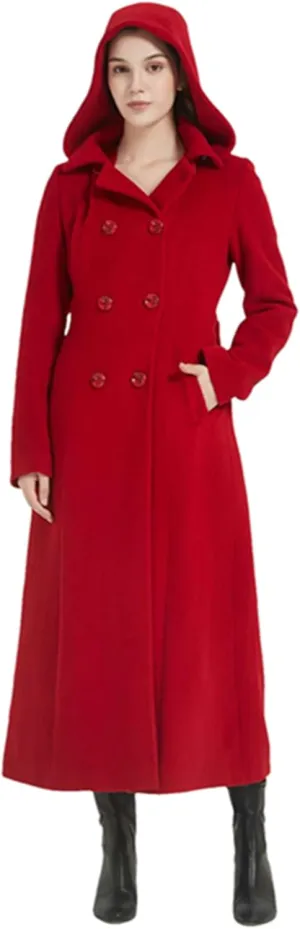 Women's Double Breasted Maxi Long Winter Wool Trench Coat Hooded Thick Warm Overcoats