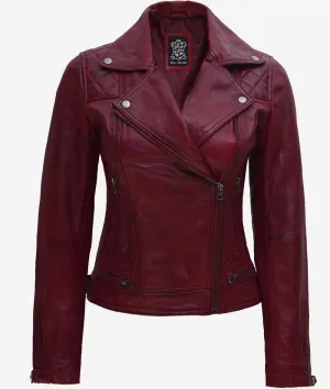 Womens Maroon Leather Biker Jacket  Moto Jacket