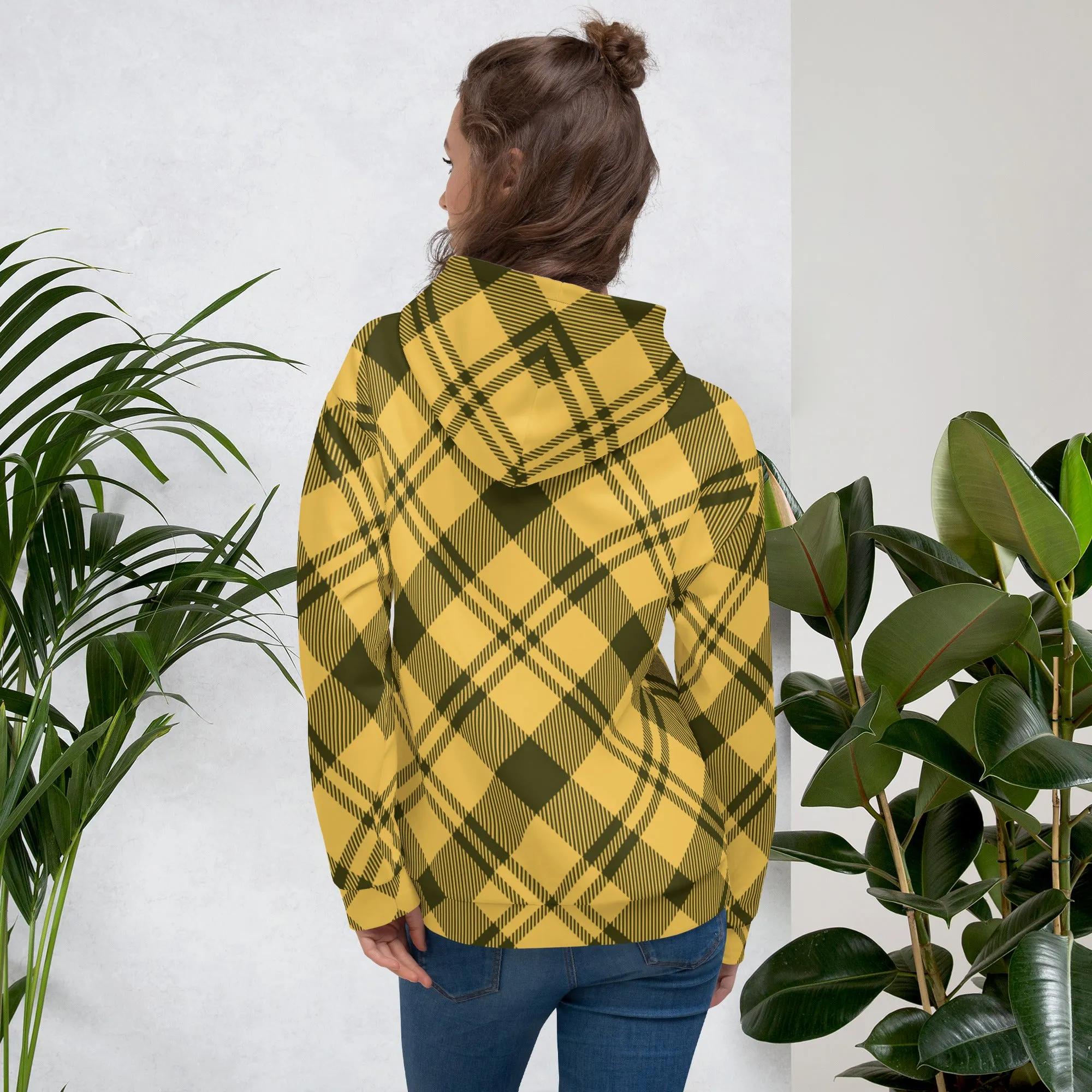 Yellow Black Plaid Printed Hoodie, Plaid Print Unisex Soft Fleece Designer Hoodie- Made in USA/MX/EU