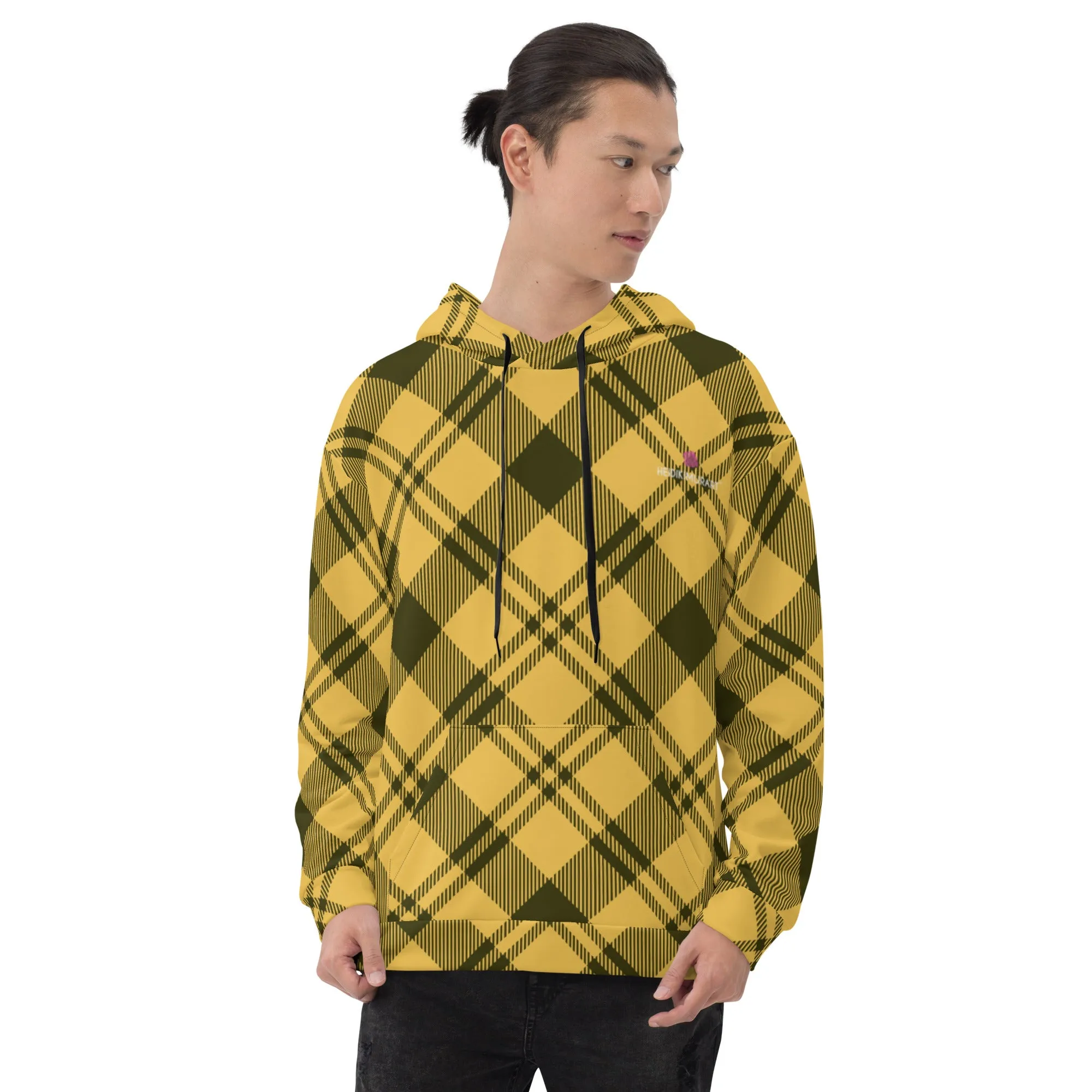 Yellow Black Plaid Printed Hoodie, Plaid Print Unisex Soft Fleece Designer Hoodie- Made in USA/MX/EU