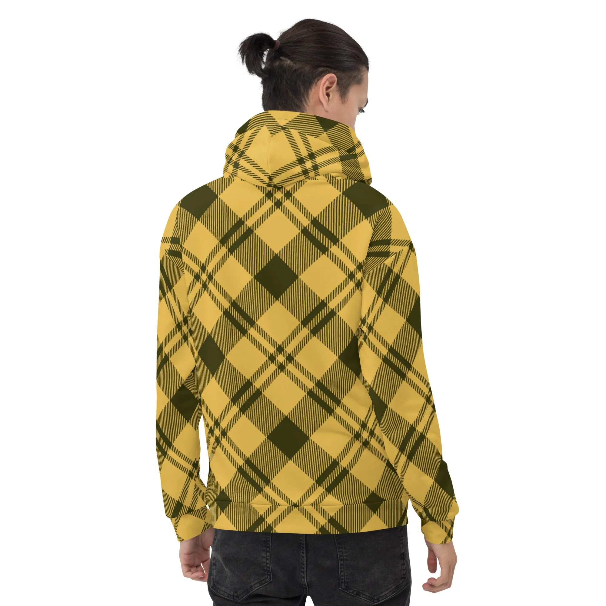 Yellow Black Plaid Printed Hoodie, Plaid Print Unisex Soft Fleece Designer Hoodie- Made in USA/MX/EU