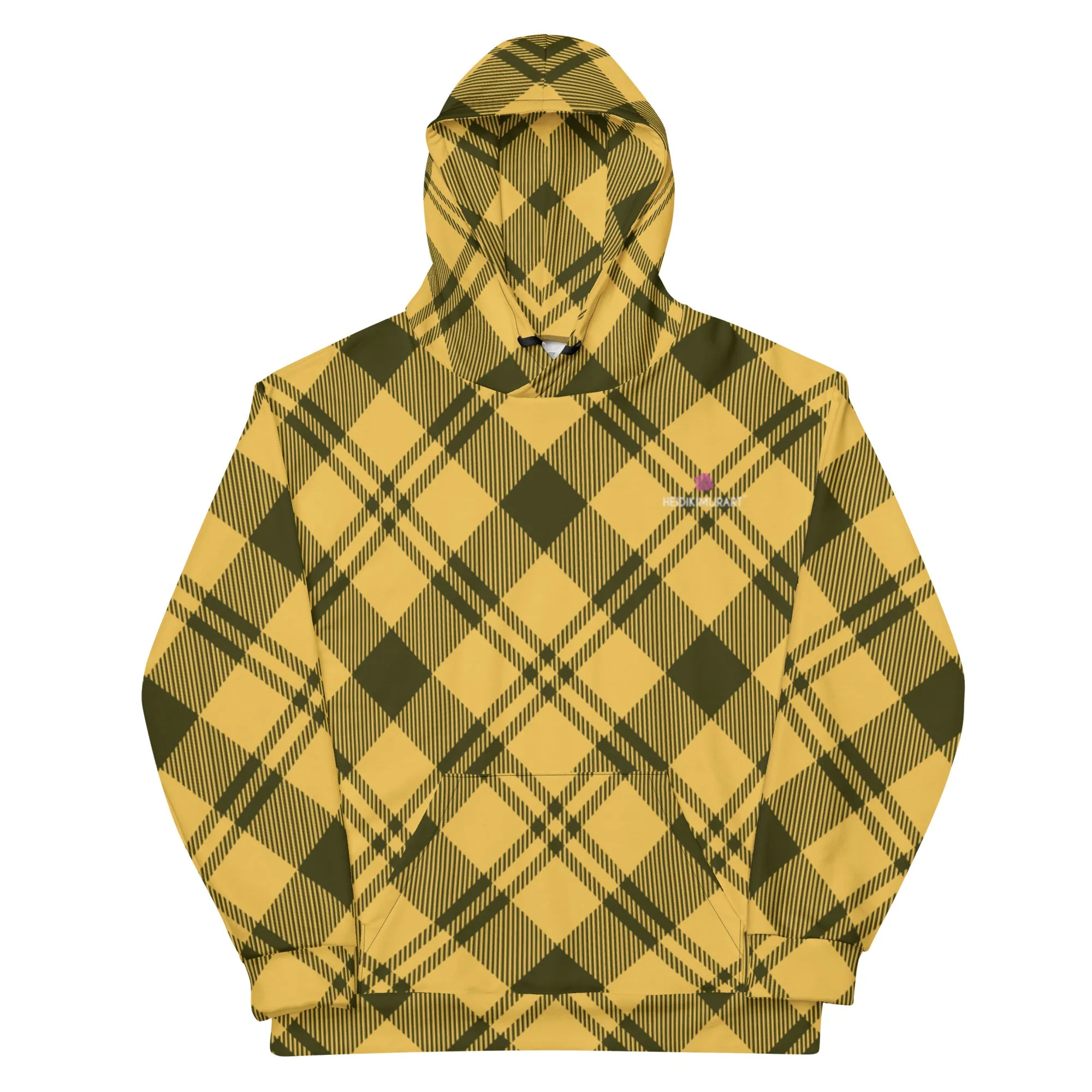 Yellow Black Plaid Printed Hoodie, Plaid Print Unisex Soft Fleece Designer Hoodie- Made in USA/MX/EU