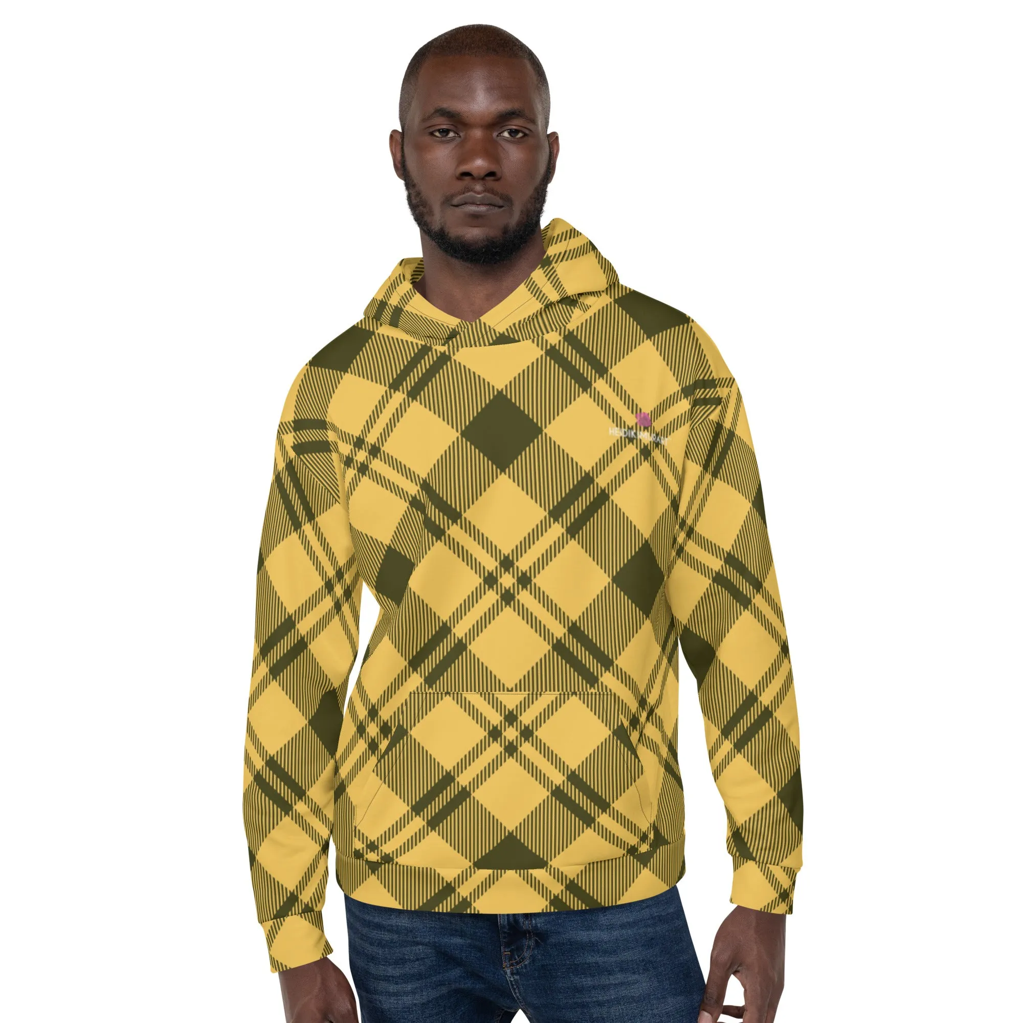 Yellow Black Plaid Printed Hoodie, Plaid Print Unisex Soft Fleece Designer Hoodie- Made in USA/MX/EU