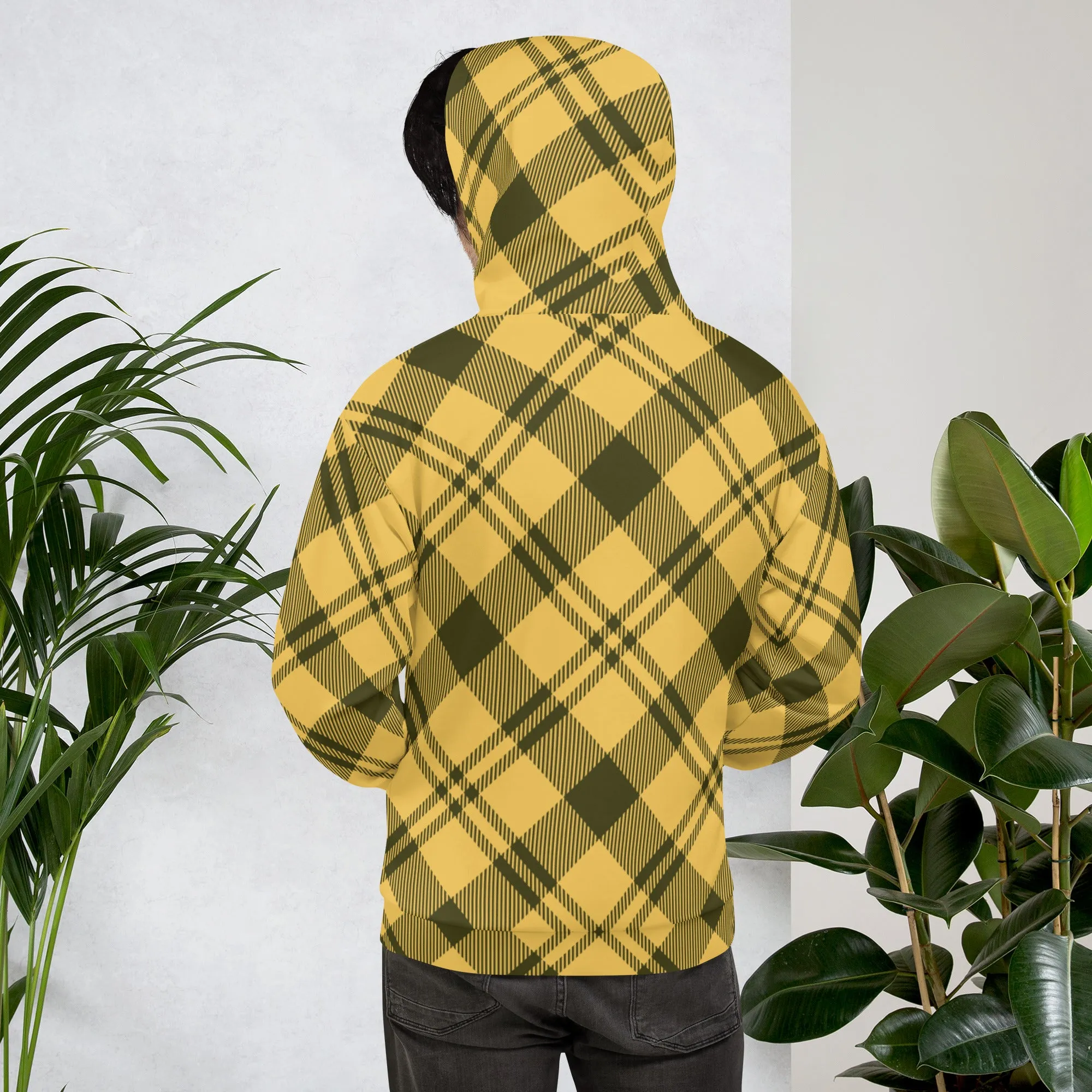 Yellow Black Plaid Printed Hoodie, Plaid Print Unisex Soft Fleece Designer Hoodie- Made in USA/MX/EU