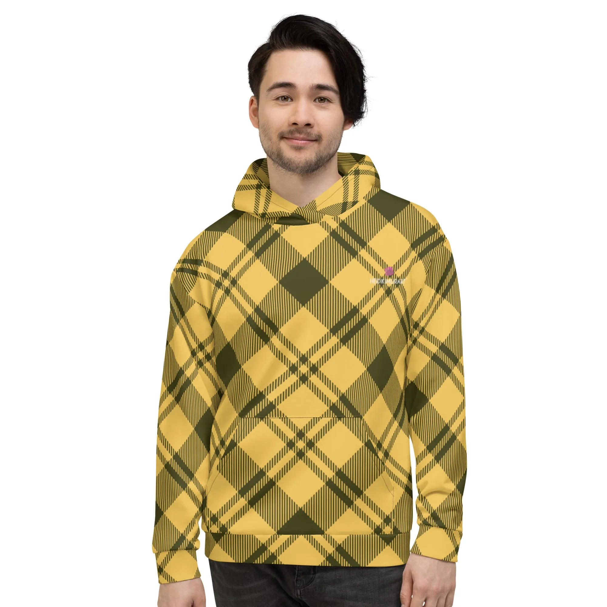 Yellow Black Plaid Printed Hoodie, Plaid Print Unisex Soft Fleece Designer Hoodie- Made in USA/MX/EU